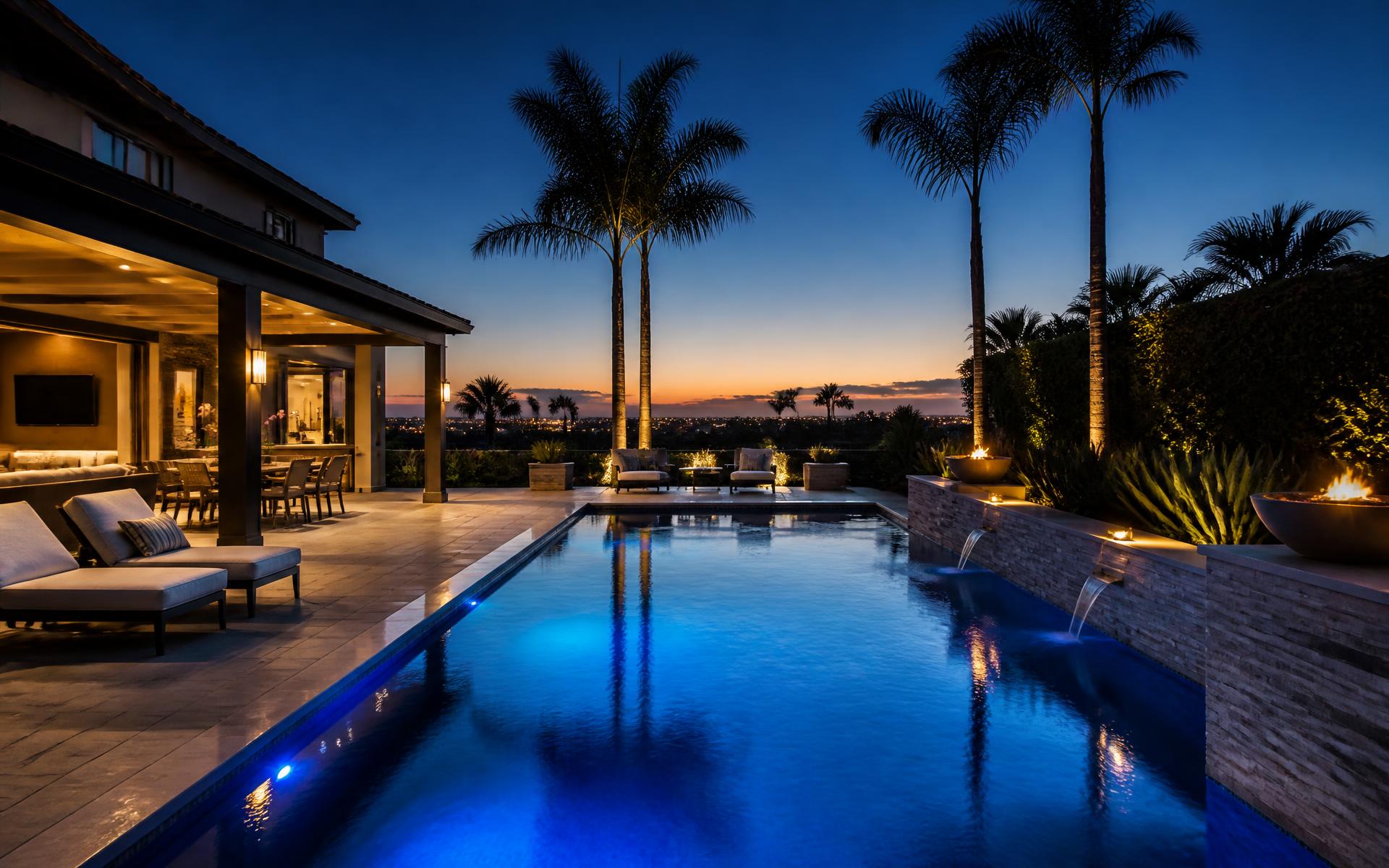 Luxury backyard swimming pool at twilight in a San Diego neighborhood