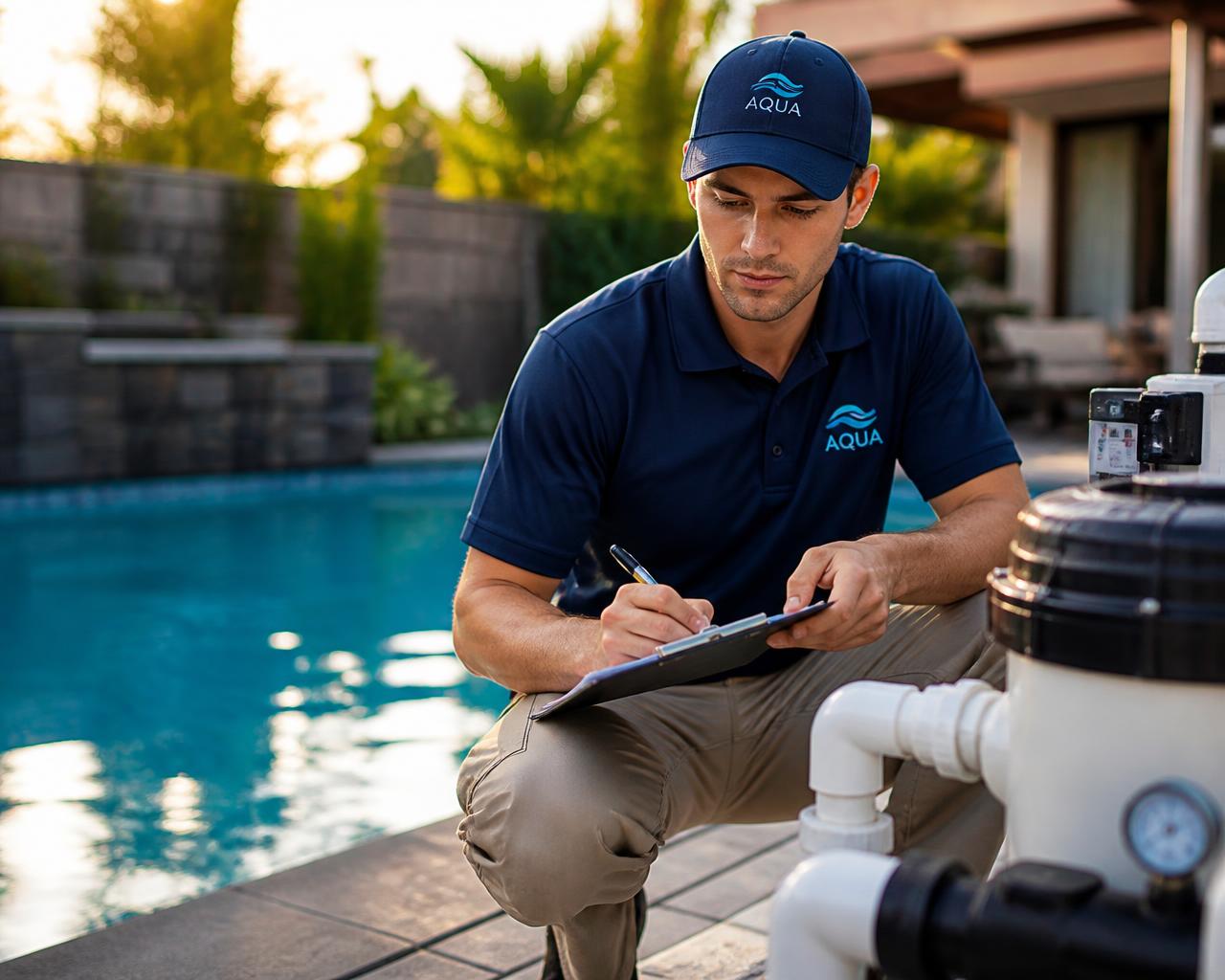 Pool Sanity technician inspecting pool equipment during a service visit